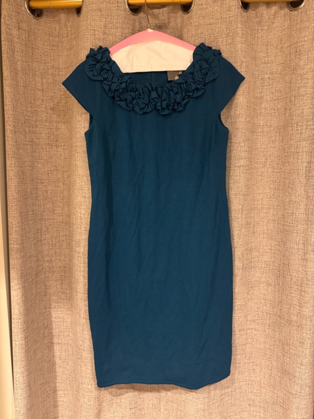 Teal Floral-Neck Cap-Sleeve Sheath Dress
